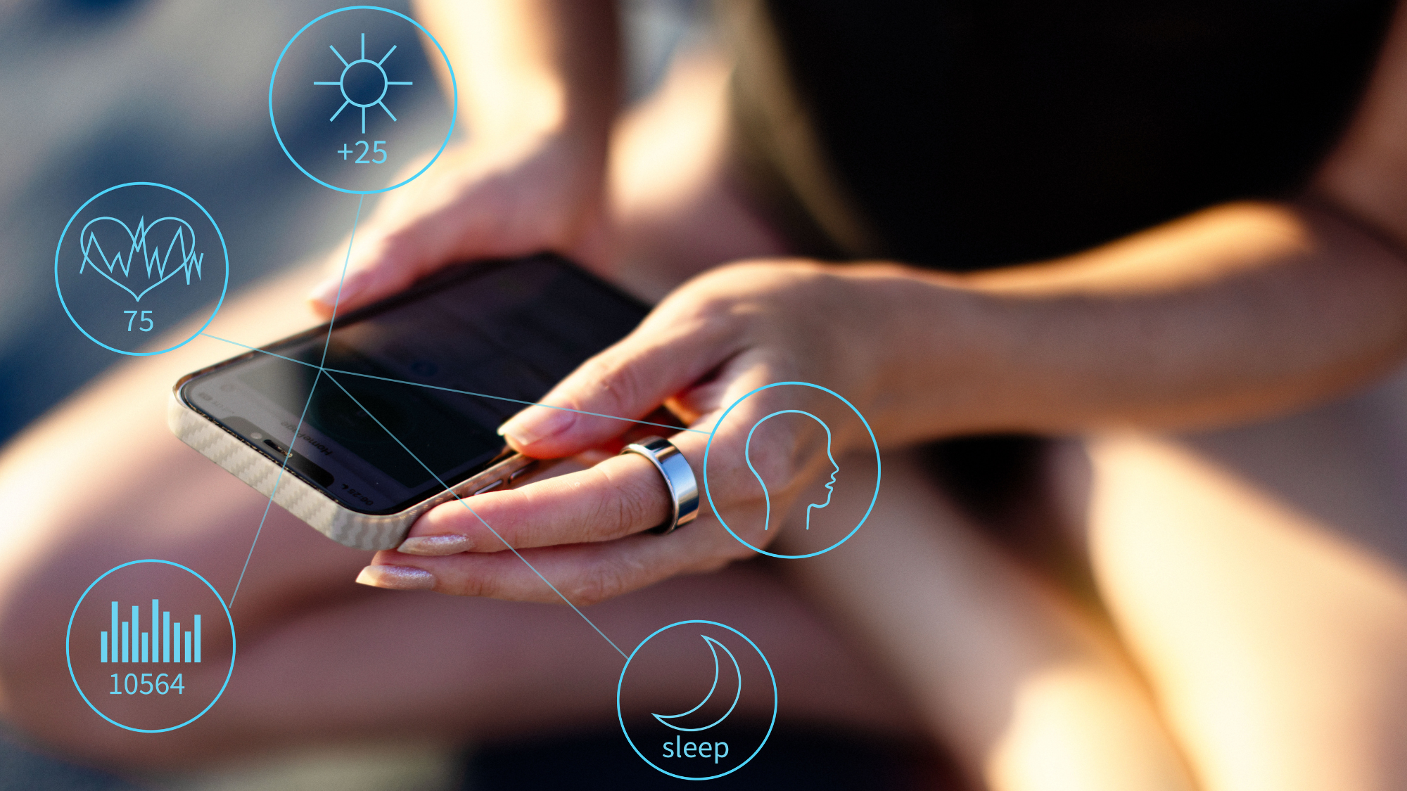 Woman checking her phone while wearing a smart ring