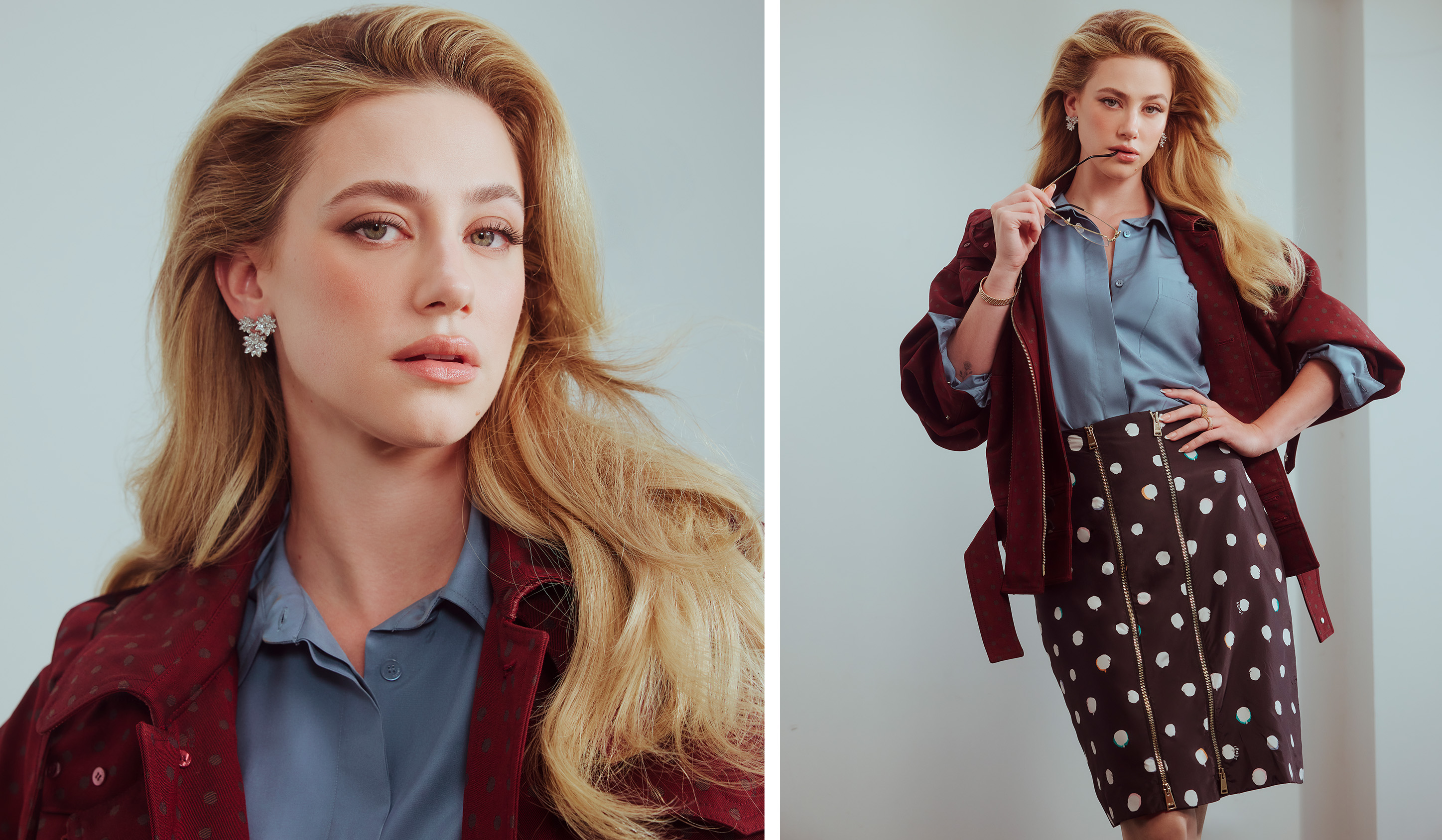 two side by side photos of Lili Reinhart wearing a red jacket, a polka dot skirt, a blue collared shirt, and diamond earrings