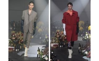 Two images of male models modelling clothing by Raf Simons.