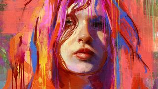 Rebelle 8; a digital painting of a woman's portrait, lots of colour, orange, purple and blue