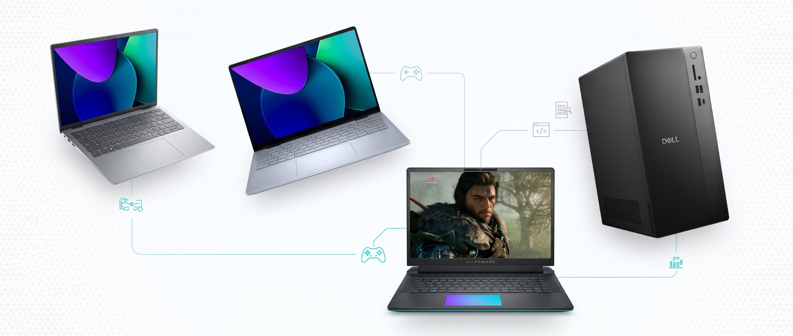 A collage of two Dell laptops, a Dell desktop, and an Alienware gaming laptop on a white background with shapes outlined.
