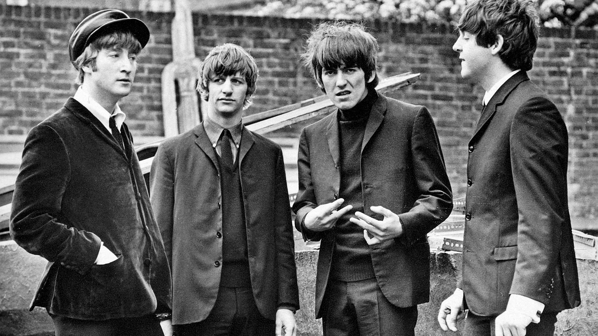 The Beatles on the set of A Hard Day&rsquo;s Night film in 1964.