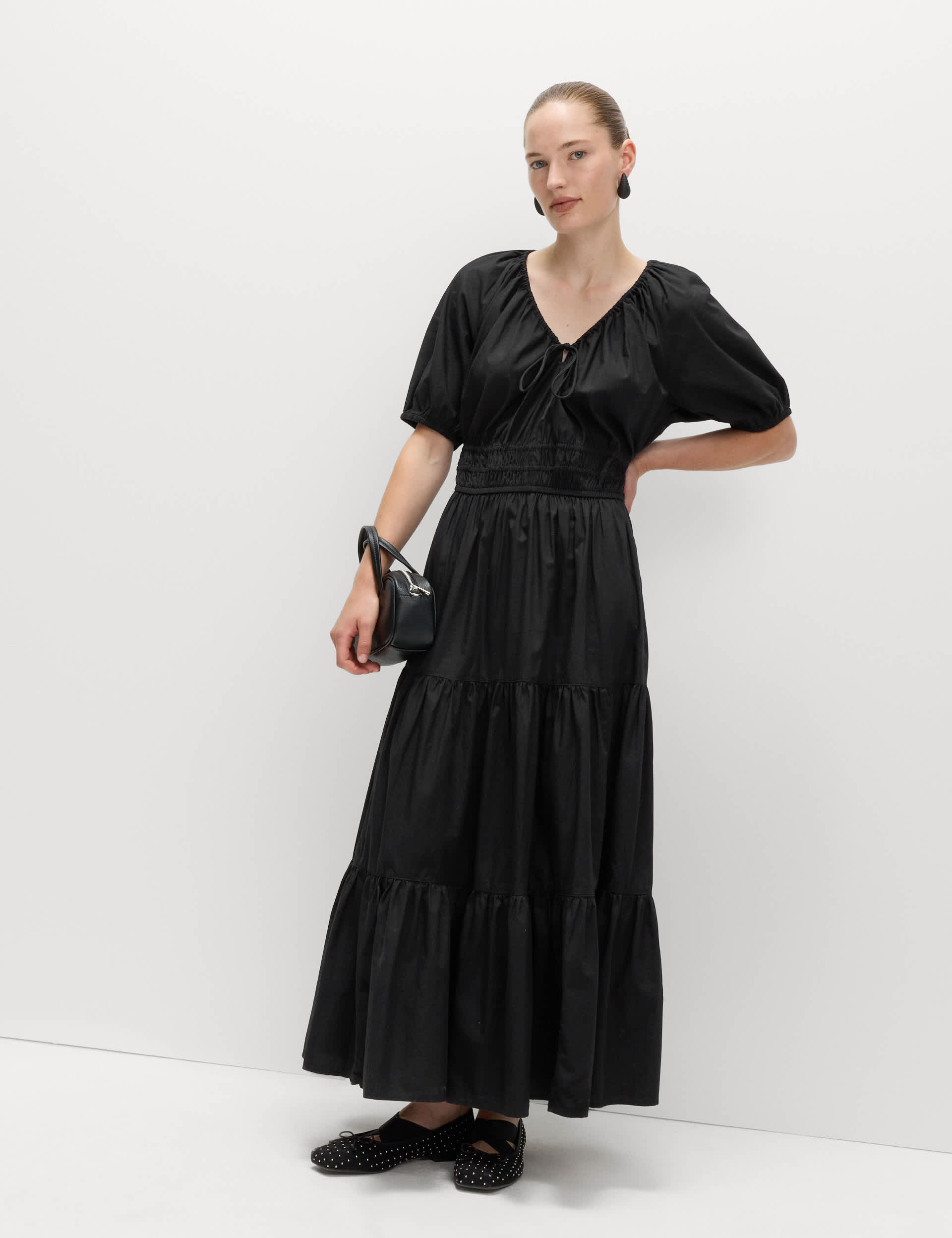Pure Cotton Tie Neck Midaxi Waisted Dress