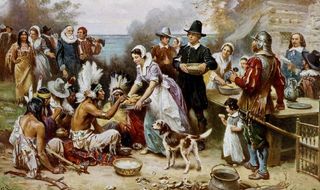 An artistic depiction of the first Thanksgiving feast