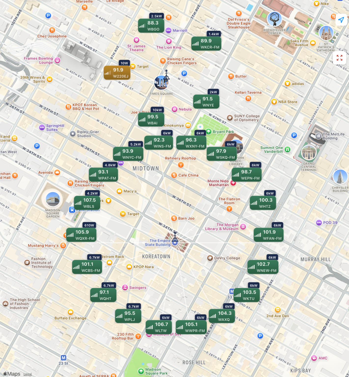 The New York City FMs that transmit from the Empire State Building, from the RadioLand app. WBGO, WKCR, WNYE and WBAI transmit from 4 Times Square. Click to enlarge.