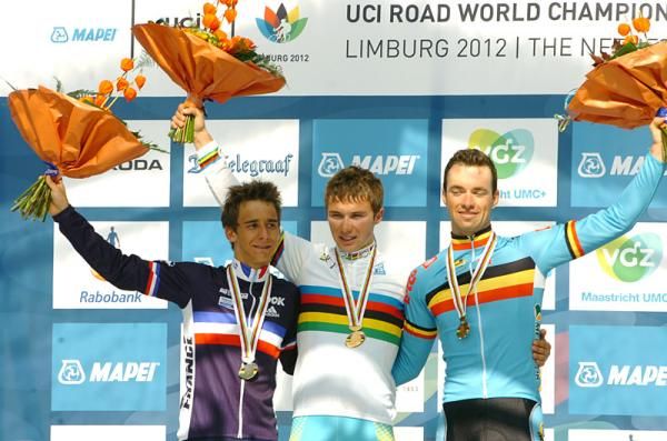 2012 U23 Worlds road race podium (L-R): Bryan Coquard (France), Alexey Lutsenko (Kazakhstan) and Tom Van Asbroeck (Belgium)