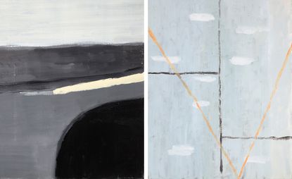 Two abstract paints. The painting to the left is in gray and black tones, with a pop o pale yellow. The painting to the right is in blue tones, with black and yellow lines.