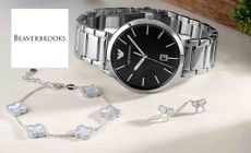 Beaverbrooks logo placed over silver jewellery and watches