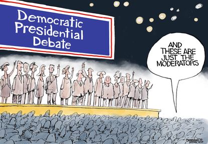 Political Cartoon U.S. Democratic Primary 2020 Election Moderators Debate
