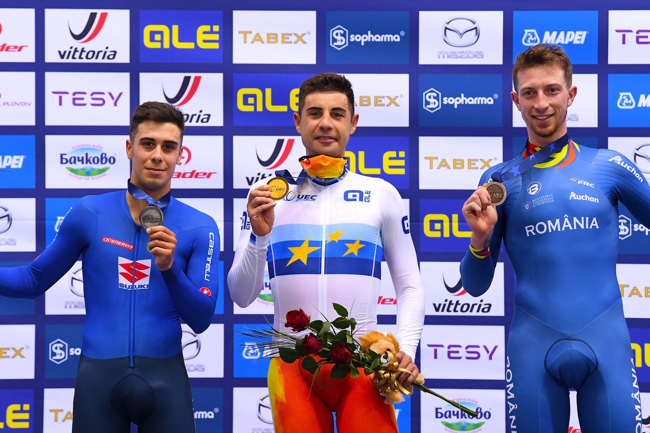 2020 UEC Track European Championships Plovdiv 4th Day 14112020 Points Race Men Sebastian Mora Spain Matteo Donega Italy Daniel Smirta Romania photo Dario BelingheriBettiniPhoto2020