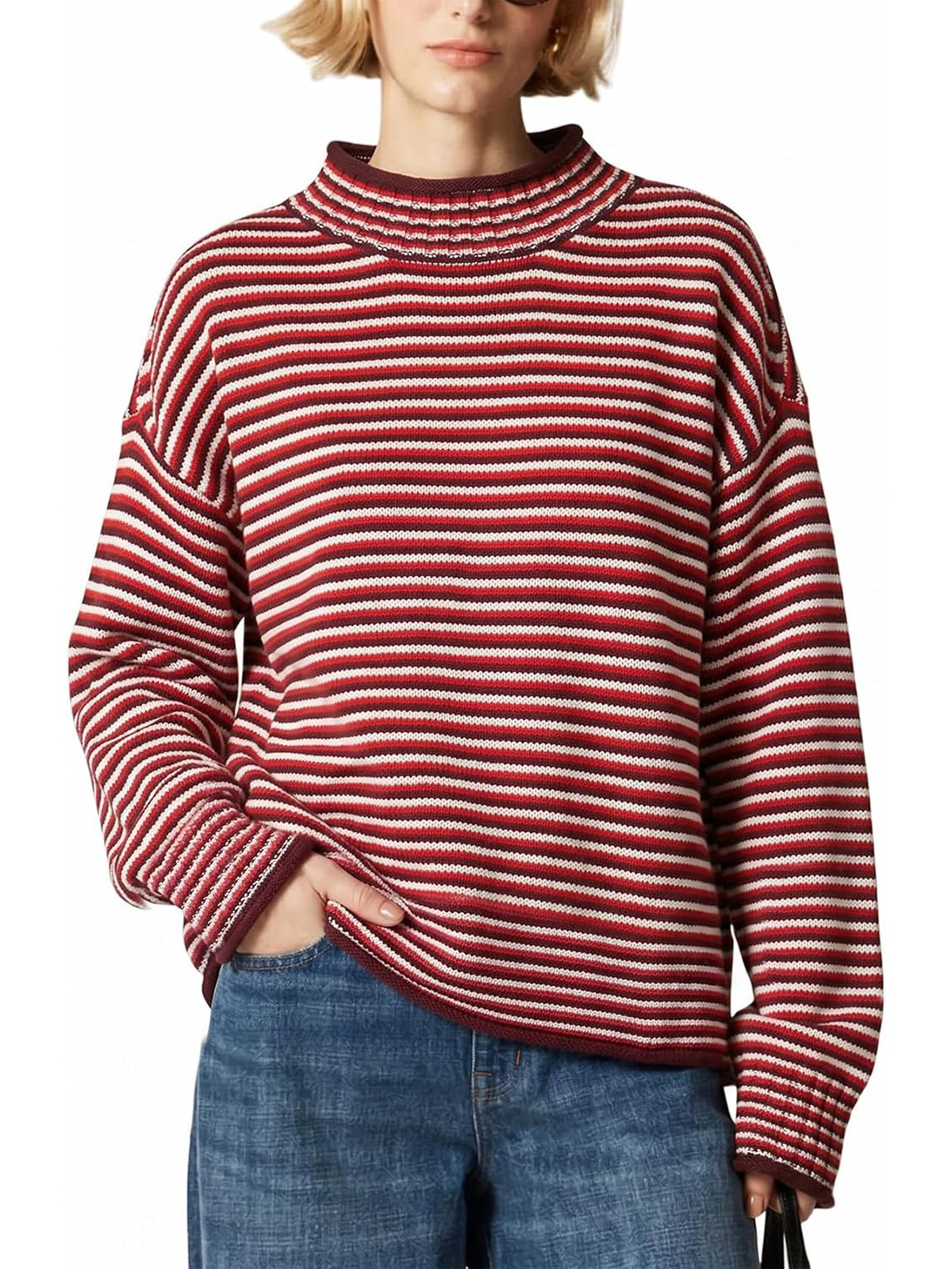 Yimoon Womens Oversized Rollneck Sweater Casual Cable Knit Long Sleeve Chunky Pullover Sweater Fall Winter Knitwear 2026(redstriped-S)