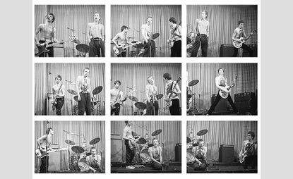 View of nine black and white photos of the Sex Pistols performing in 1976 by PTMADDEN