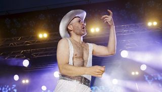 Patrick 'Ehrwolf' Culek performs during the Air Guitar World Championships final in Oulu, Finland, on August 24, 2018