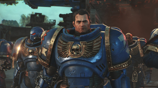 Titus and his fellow marines arriving on a planet in Space Marine 2.