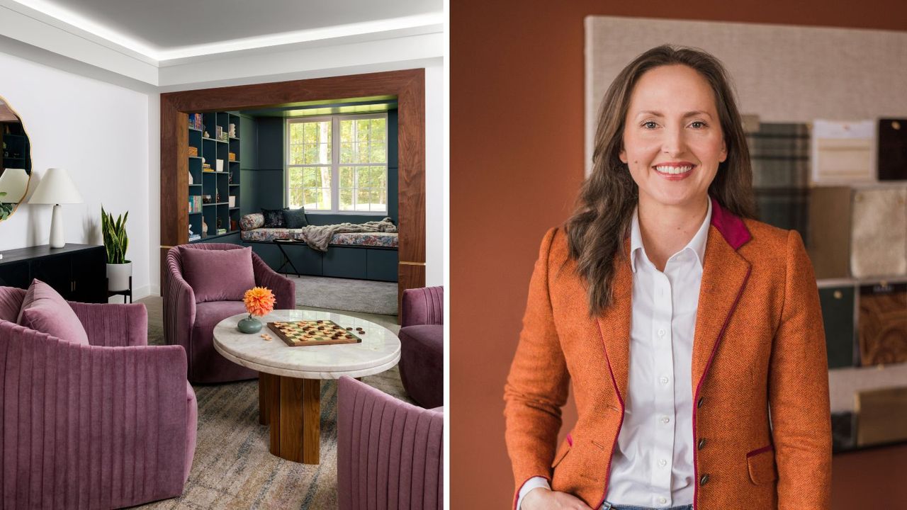 Split image of interior design in orange coat and living room with marble coffee table and purple armchairs