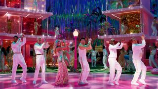 A scene from a dance party at Barbie's dream house in Barbie (2023)