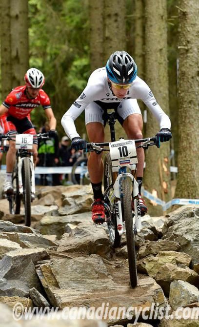 Dan McConnell (Trek Factory Racing) is his all-white World Cup leader's kit