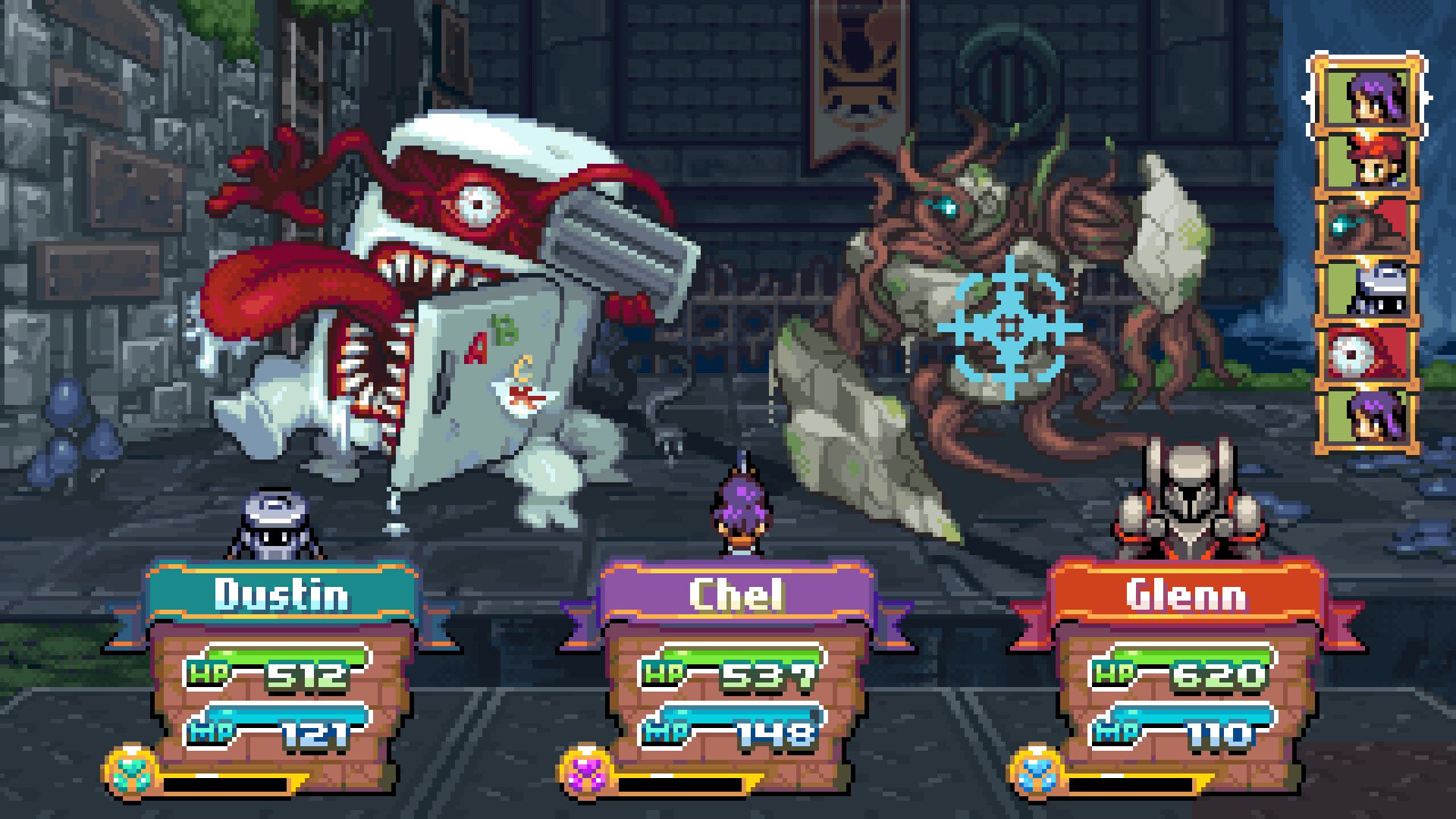 Screenshot from Infinite Alliance, showing pixel art combat of the party fighting a monstrous fridge and a creature made from wood. UI showing HP, MP, and turn-order also hugs the sides of the screen.