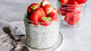 Chia seed pudding with strawberries on top