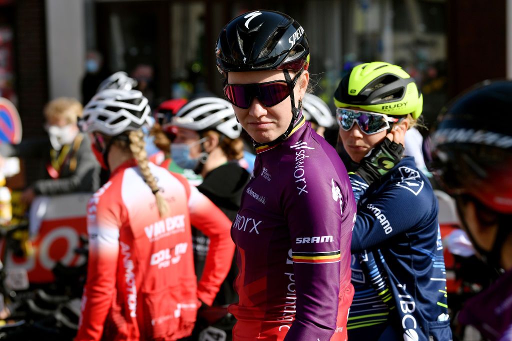 DOUR BELGIUM MARCH 02 Start Jolien Dhoore of Belgium and Team SD Worx during the 10th Le Samyn des Dames 2021 Womens Elite a 925km race from Quaregnon to Dour Team Presentation GPSamyn on March 02 2021 in Dour Belgium Photo by Mark Van HeckeGetty Images