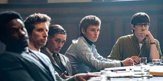 Yahya Abdul-Mateen II, Ben Shenkman, Mark Rylance, Eddie Redmayne, and Alex Sharp in The Trial of the Chicago 7