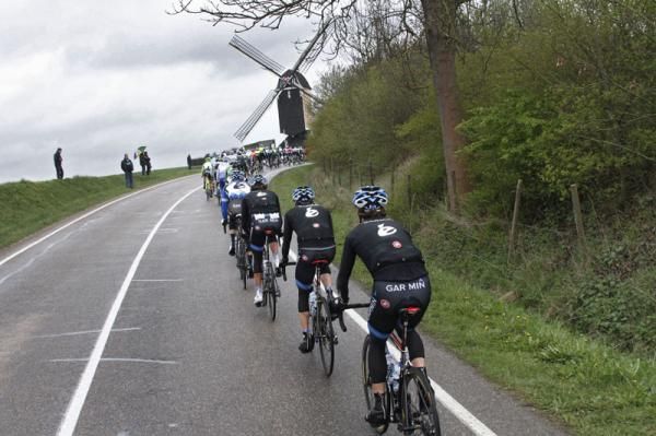 Three Garmin riders at the back of the bunch