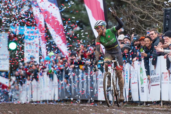 Stephen Hyde can't contain his joy at having taken a third cyclo-cross national championships title
