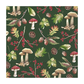 Green napkin printed with mushroom pattern