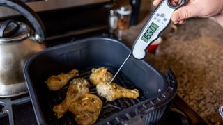 Someone using a meat thermometer on chicken in an air fryer