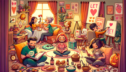 a cosy indoor setting where a group of cartoon characters are enjoying various hobbies and activities that are non-romantic and alternative to typical Valentine's Day celebrations