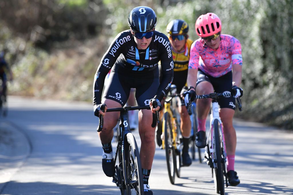 NINOVE BELGIUM FEBRUARY 26 Franziska Koch of Germany and Team DSM Women during the 17th Omloop Het Nieuwsblad 2022 Womens Race a 128km race from Ghent to Ninove OHN22 FlandersClassic WorldTour on February 26 2022 in Ninove Belgium Photo by Luc ClaessenGetty Images