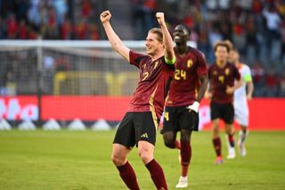 Belgium Euro 2024 squad De Bruyne Kevin forward of Belgium celebrates scoring a goal during the international friendly game match between Belgium and Montenegro in preparation of the UEFA Euro 2024 European Football Championship tournament on June 5, 2024 in Brussels, Belgium, 05/06/2024 ( Photo by Vincent Kalut / Photo News via Getty Images)