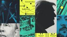 Photo composite illustration of Donald Trump, Vladimir Putin, Volodymyr Zelenskyy, a map of Ukraine, rare earth metals and mining works