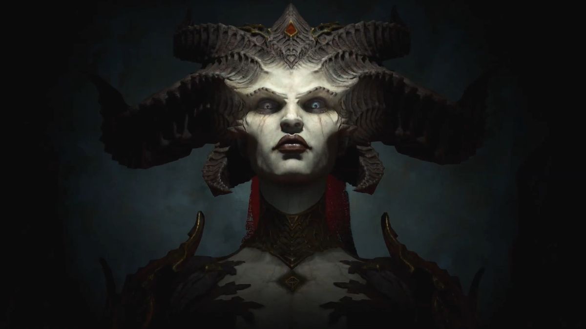 A close up of Lilith&#039;s face from Diablo 4