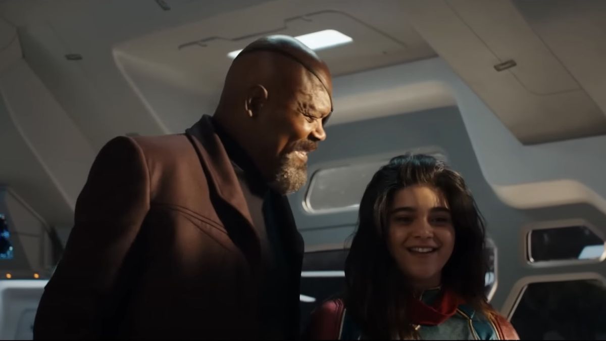 Samuel L. Jackson smiling at Iman vellani in The Marvbels