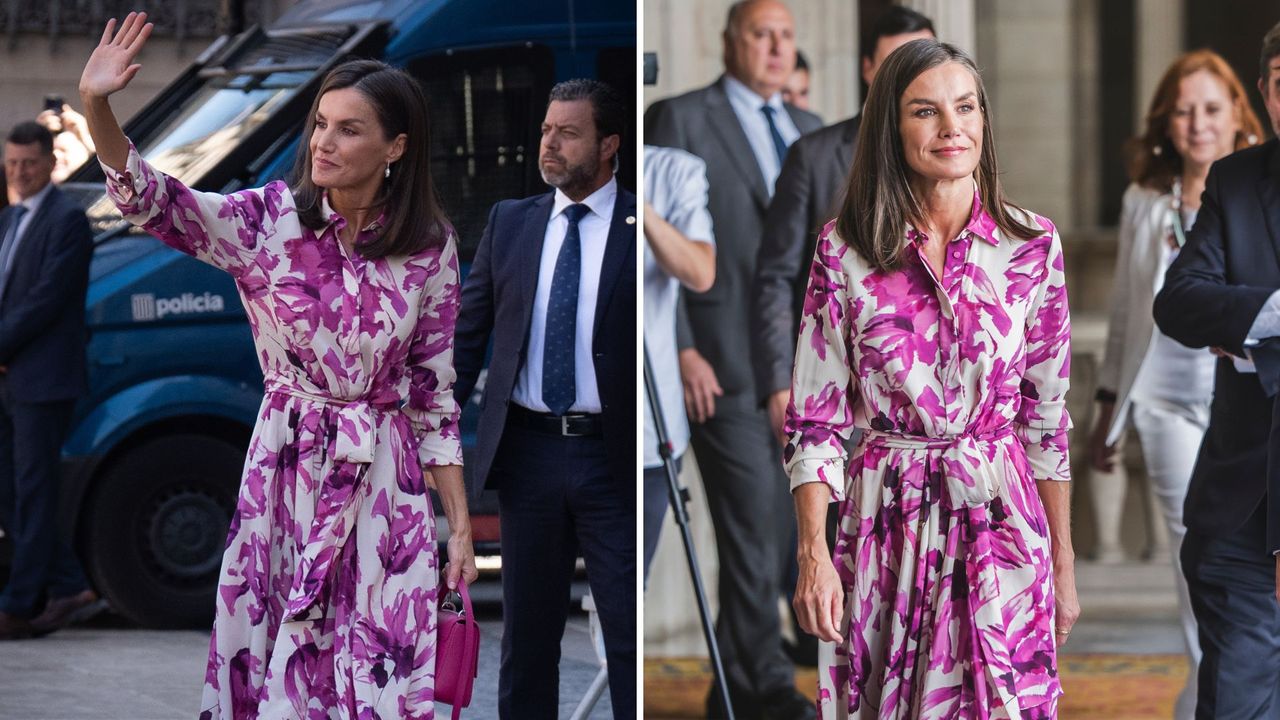 Composite of two pictures of Queen Letizia wearing a magenta printed dress at the meeting of directors of the Instituto Cervantes, at the Barcelona City Hall in 2024