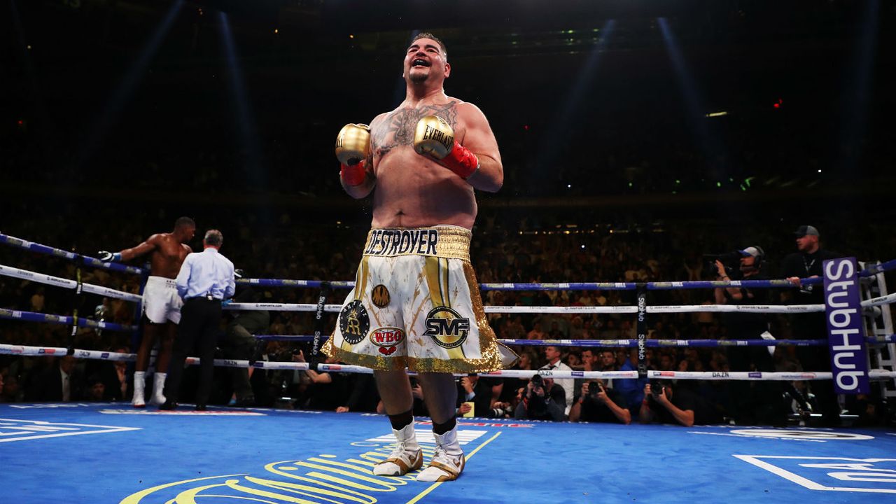 Andy Ruiz Jr celebrates his seventh-round TKO against Anthony Joshua in New York