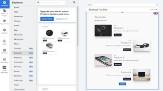 Bluehost's WordPress website builder's user interface showing products and ecommerce tools