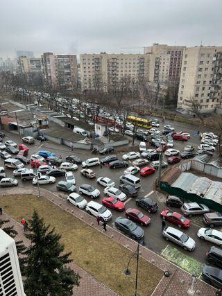 Gridlocked cars in Kyiv Ukraine as people flee from the conflict