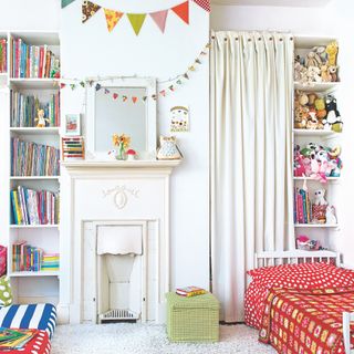Colourful child's bedroom with open storage ideas