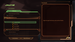 Mass Effect 2's journal, with indented mission details