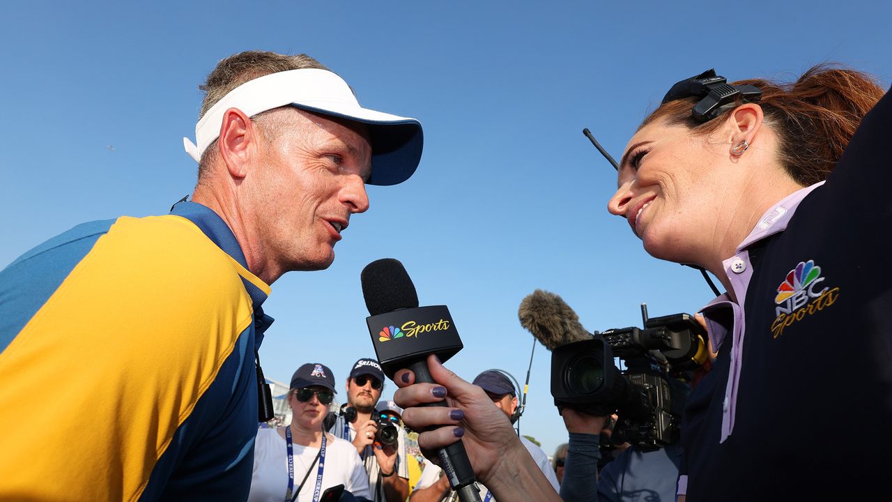 Team Europe captain Luke Donald is interviewed by NBC on the 18th green after winning the Ryder Cup