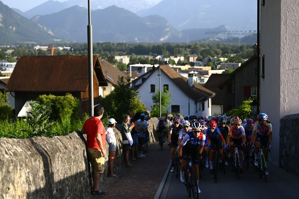 VADUZ SWITZERLAND JUNE 18 Eugnie Duval of France and Team FDJ NouvelleAquitaine Futuroscope attacks during the 2nd Tour de Suisse Women 2022 Stage 1 a 46km stage from Vaduz to Vaduz ourdesuisse2022 on June 18 2022 in Vaduz Switzerland Photo by Tim de WaeleGetty Images