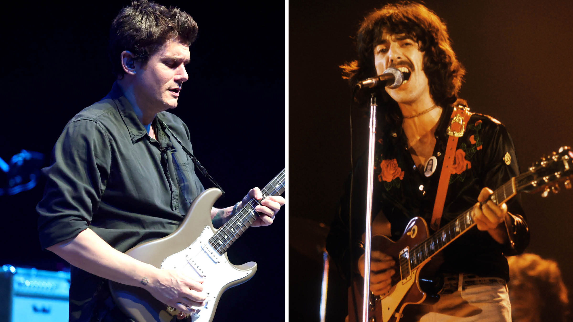 John Mayer [left] plays his signature PRS Silver Sky live onstage in 2025. George Harrison plays a Les Paul during a 1975 live performance.