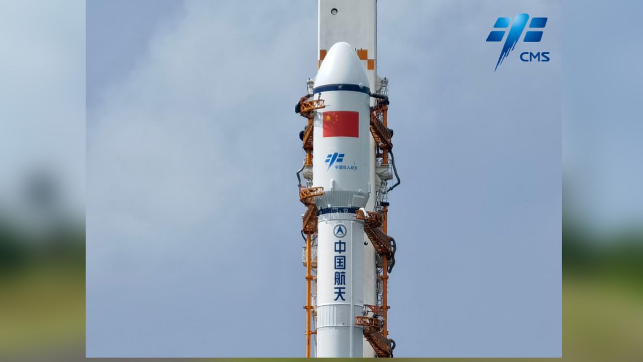 A Chinese Long March 7 rocket carrying the Tianzhou 4 cargo ship rolls out to its pad at the Wenchang Space Launch Site on Hainan Island in southern China on May 7, 2022 ahead of a planned launch.