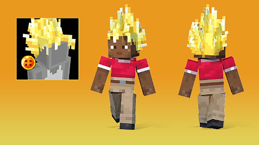 A Minecraft character with Dragon Ball Z Super Saiyan hair. 