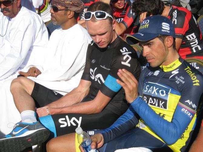 Chris Froome (Sky) and Alberto Contador (Saxo-Tinkoff) wait for the podium ceremony at the Tour of Oman.