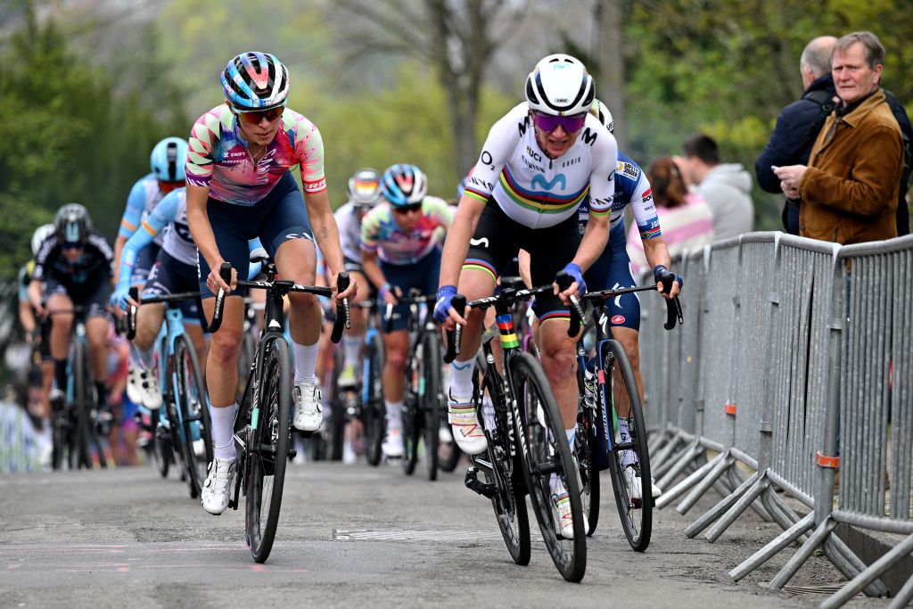 HUY BELGIUM APRIL 19 LR Katarzyna Niewiadoma of Poland and Team CanyonSRAM Racing and Annemiek Van Vleuten and Movistar Team attack during the 26th La Fleche Wallonne Feminine 2023 a 1273km one day race from Huy to Mur de Huy UCIWWT on April 19 2023 in Huy Belgium Photo by David StockmanGetty Images