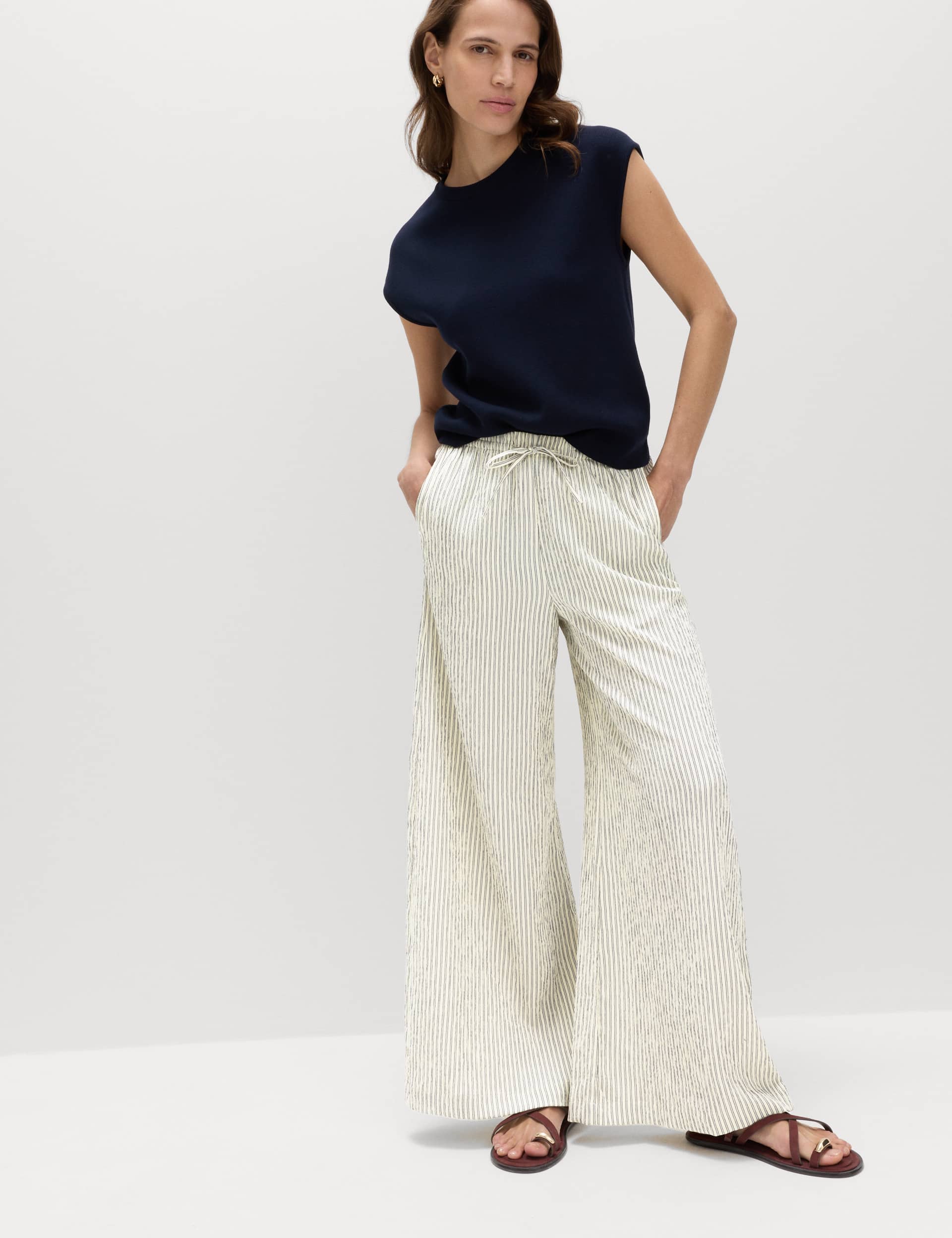 Seersucker Pull on Wide Leg Trousers