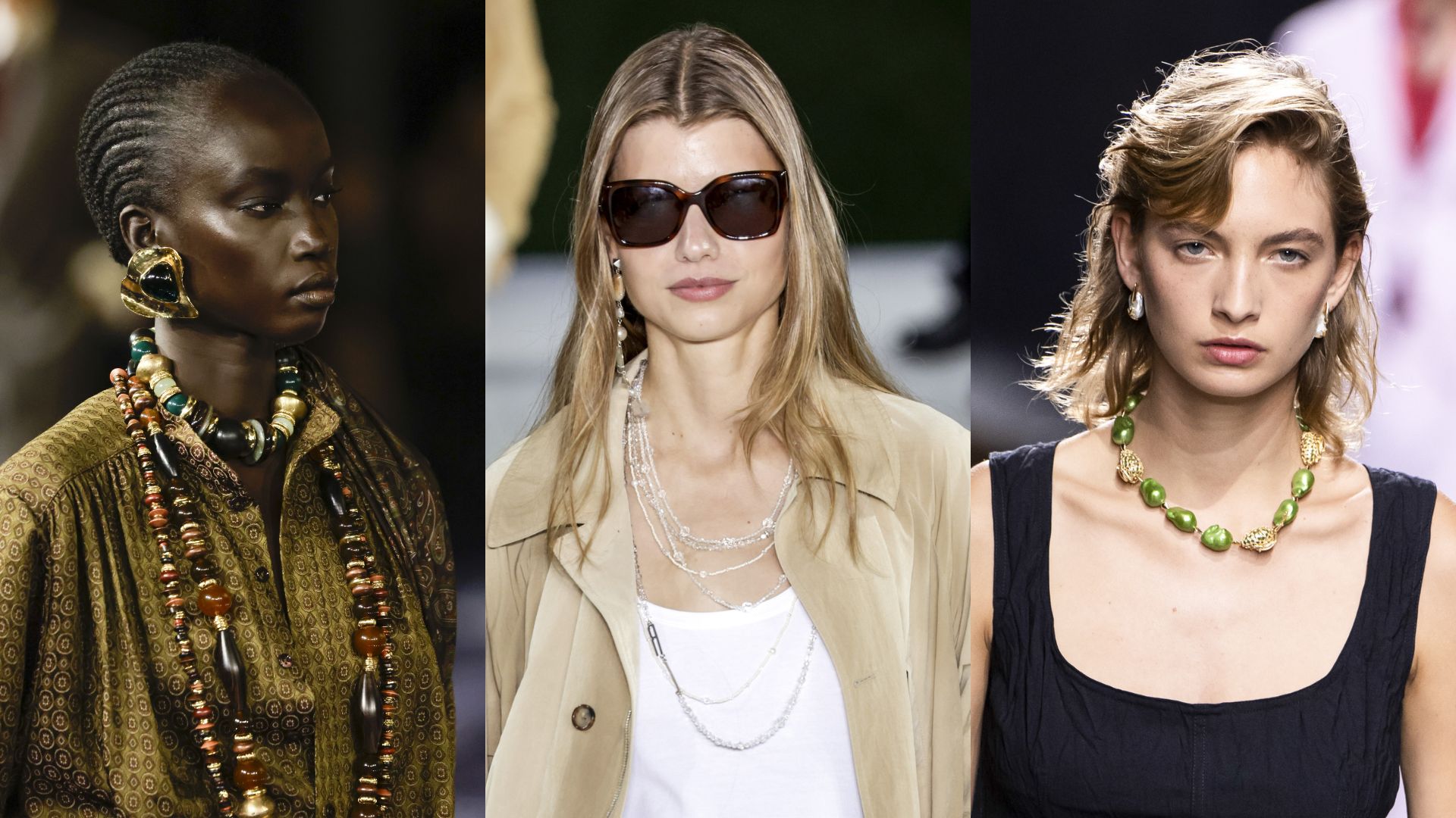 Three models wear different kinds of beads on the catwalk